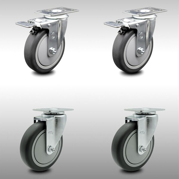 5 Inch SS Thermoplastic Rubber Wheel Top Plate Caster Total Lock Brakes, 2PK